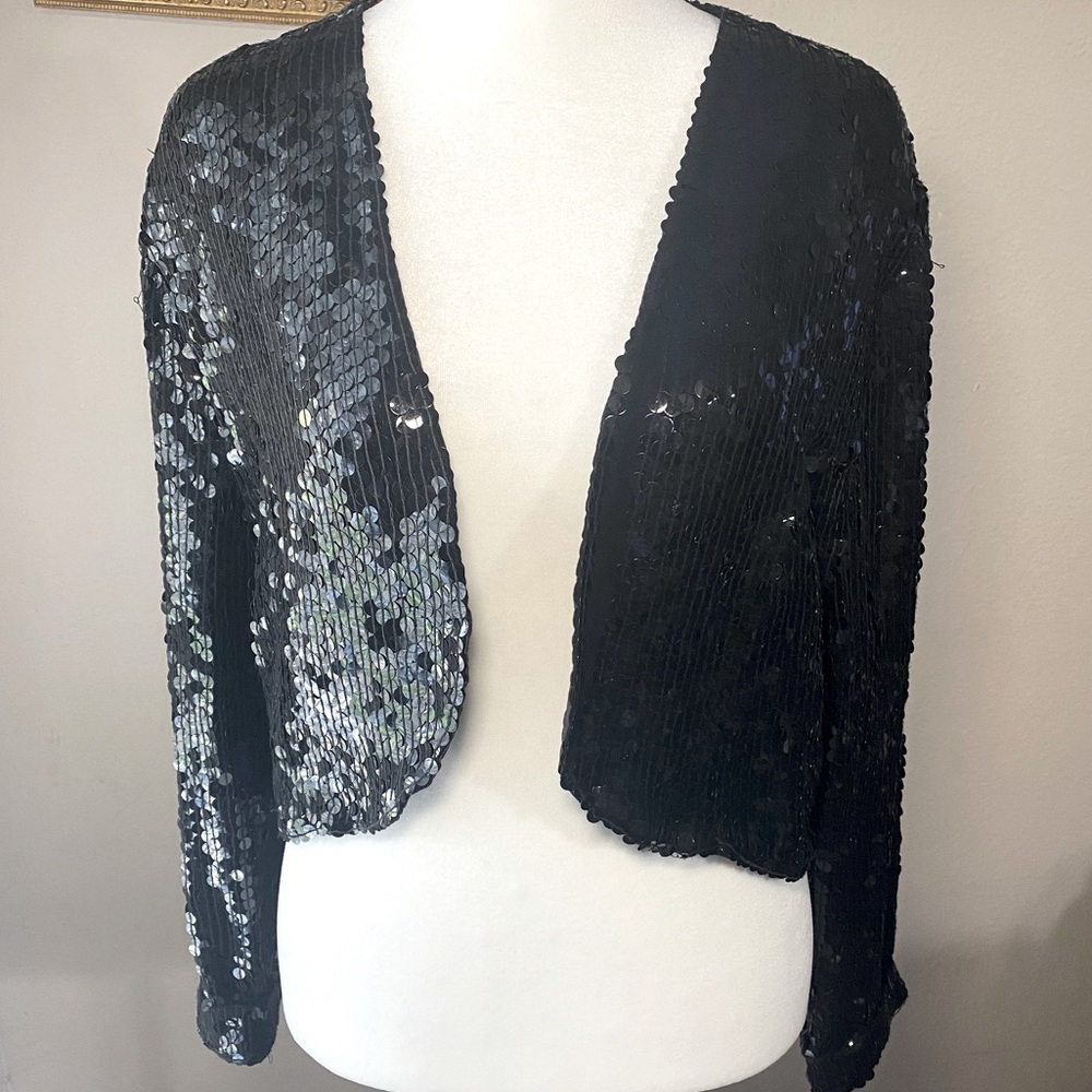 RARE VTG Niteline By Della Roufogali Black Sequin Bolero Jacket Long Sleeve READ